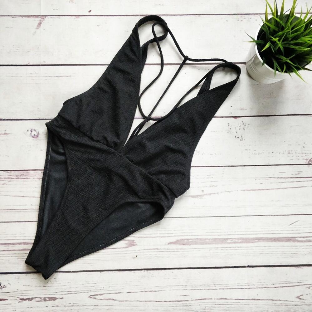 MOTEL ROCKS Asos Plunge Strappy Open Swimsuit Black High Leg Cheeky  S NWOT